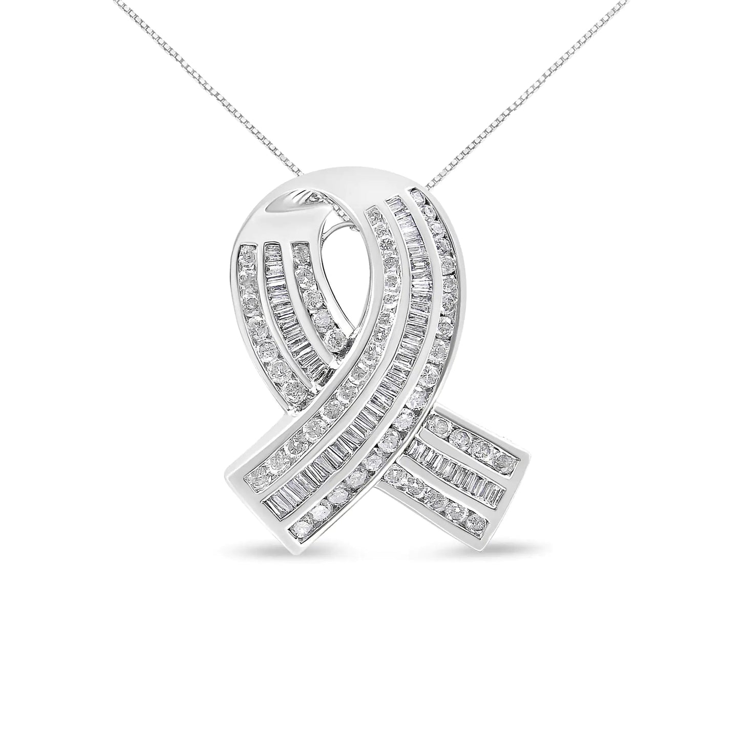 14K White Gold 2 5/8 Cttw Channel Set Round and Baguette Diamond Awareness Ribbon Pendant (H-I Color, I1-I2 Clarity) - Chain Not Included WEM Support (www.WEM.support)