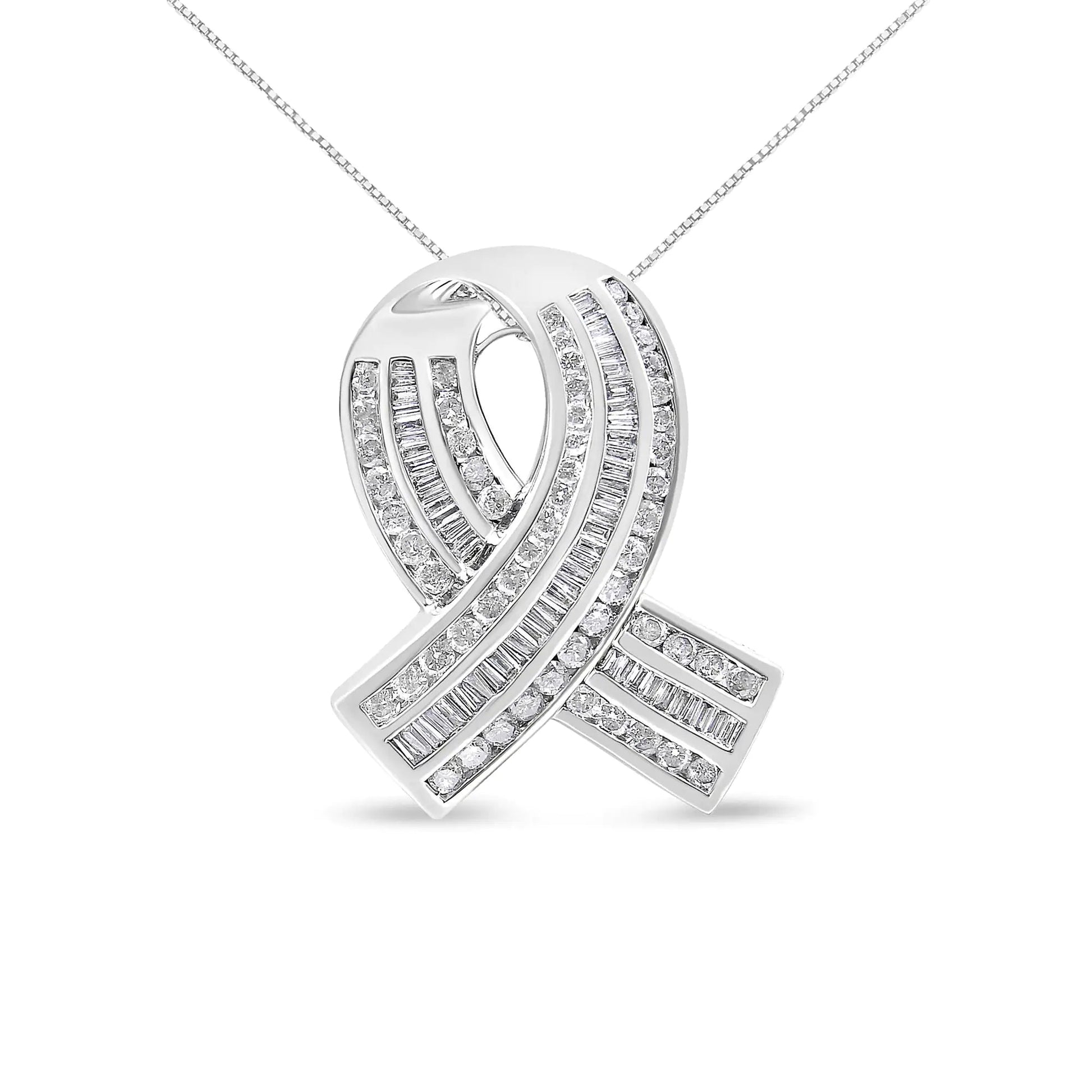 14K White Gold 2 5/8 Cttw Channel Set Round and Baguette Diamond Awareness Ribbon Pendant (H-I Color, I1-I2 Clarity) - Chain Not Included WEM Support (www.WEM.support)