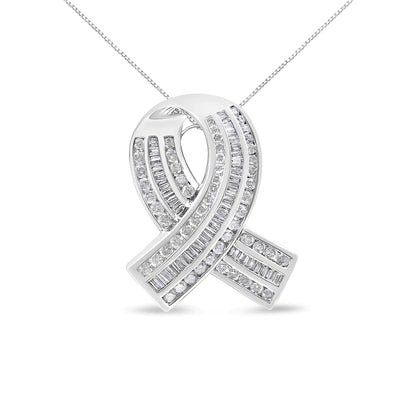 14K White Gold 2 5/8 Cttw Channel Set Round and Baguette Diamond Awareness Ribbon Pendant (H-I Color, I1-I2 Clarity) - Chain Not Included WEM Support (www.WEM.support)