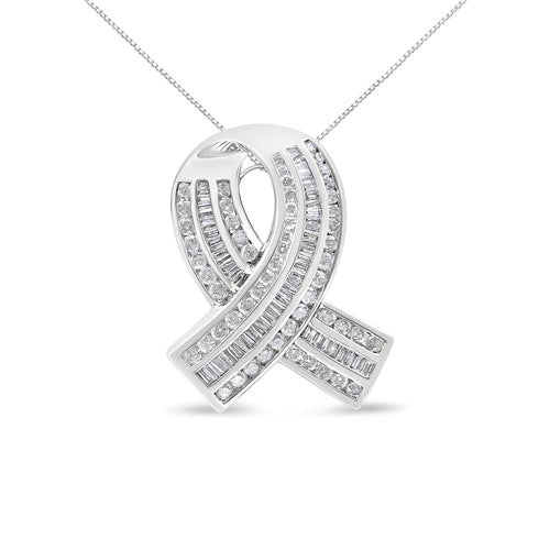 14K White Gold 2 5/8 Cttw Channel Set Round and Baguette Diamond Awareness Ribbon Pendant (H-I Color, I1-I2 Clarity) - Chain Not Included WEM Support (www.WEM.support)