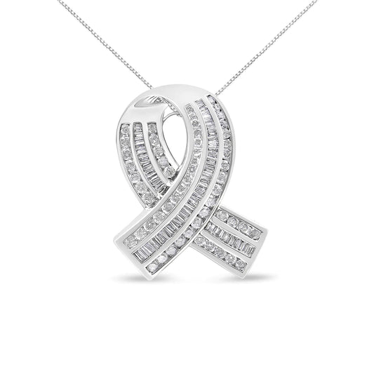 14K White Gold 2 5/8 Cttw Channel Set Round and Baguette Diamond Awareness Ribbon Pendant (H-I Color, I1-I2 Clarity) - Chain Not Included WEM Support (www.WEM.support)