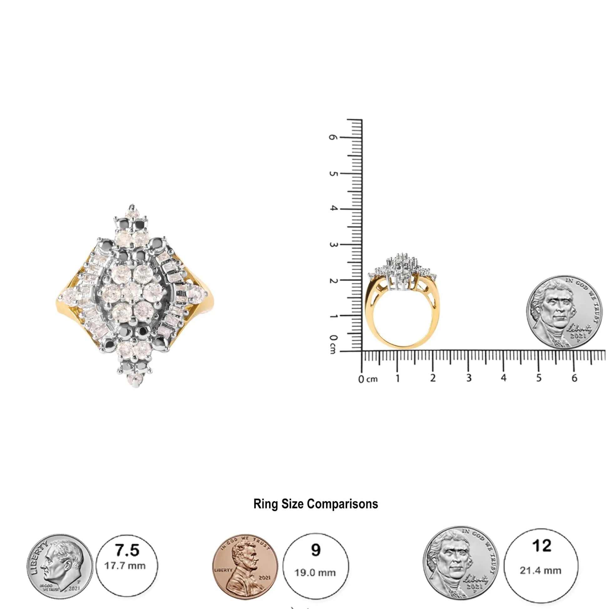 10K Yellow Gold 1 Cttw Round and Baguette cut Diamond Cluster and Rhombus Halo Ring (H-I Color, I1-I2 Clarity) WEM Support (www.WEM.support)