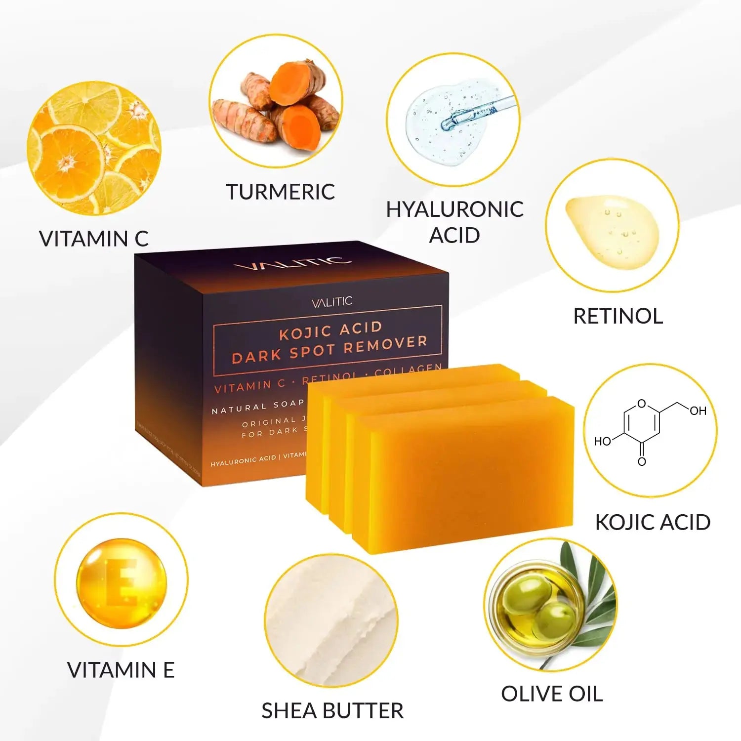Valitic Unisex Dark Spot Corrector Bar, 100g - Exfoliating, SLS and Paraben-Free Turmeric Soap for Skin Tone Correction, Vitamin C, Retinol and Collagen Blend 3 Pack + Bag My Store
