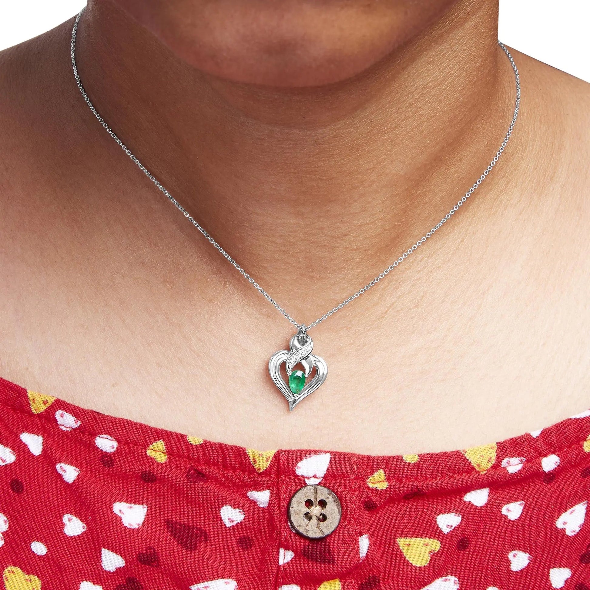 .925 Sterling Silver 6x4mm Pear Emerald and Diamond Accent Heart Pendant Necklace (H-I Color, SI1-SI2 Clarity) - 18 Inches WEM Support (www.WEM.support)