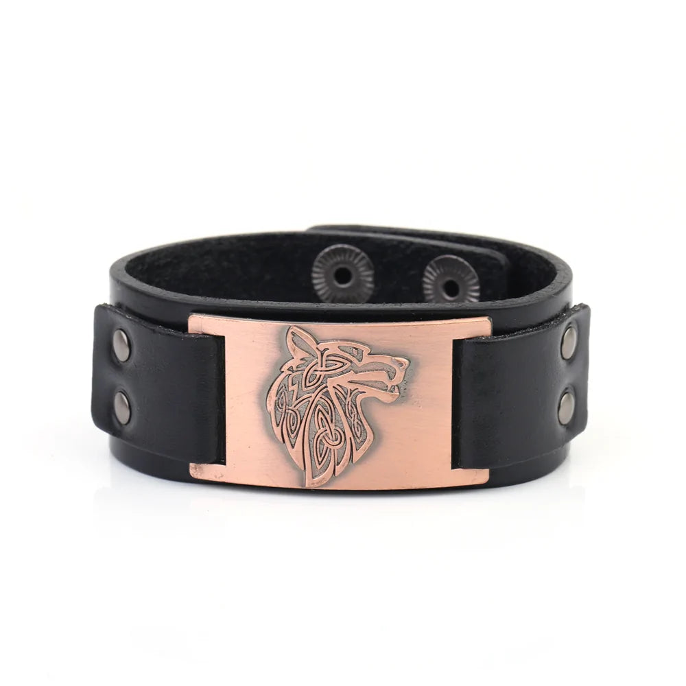 Vintage Wide Leather Woven Wolf Head Bracelet WEM Support (www.WEM.support)