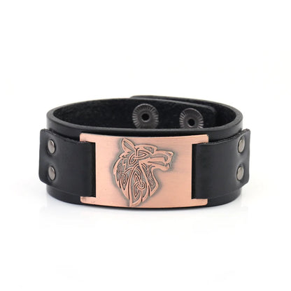 Vintage Wide Leather Woven Wolf Head Bracelet WEM Support (www.WEM.support)