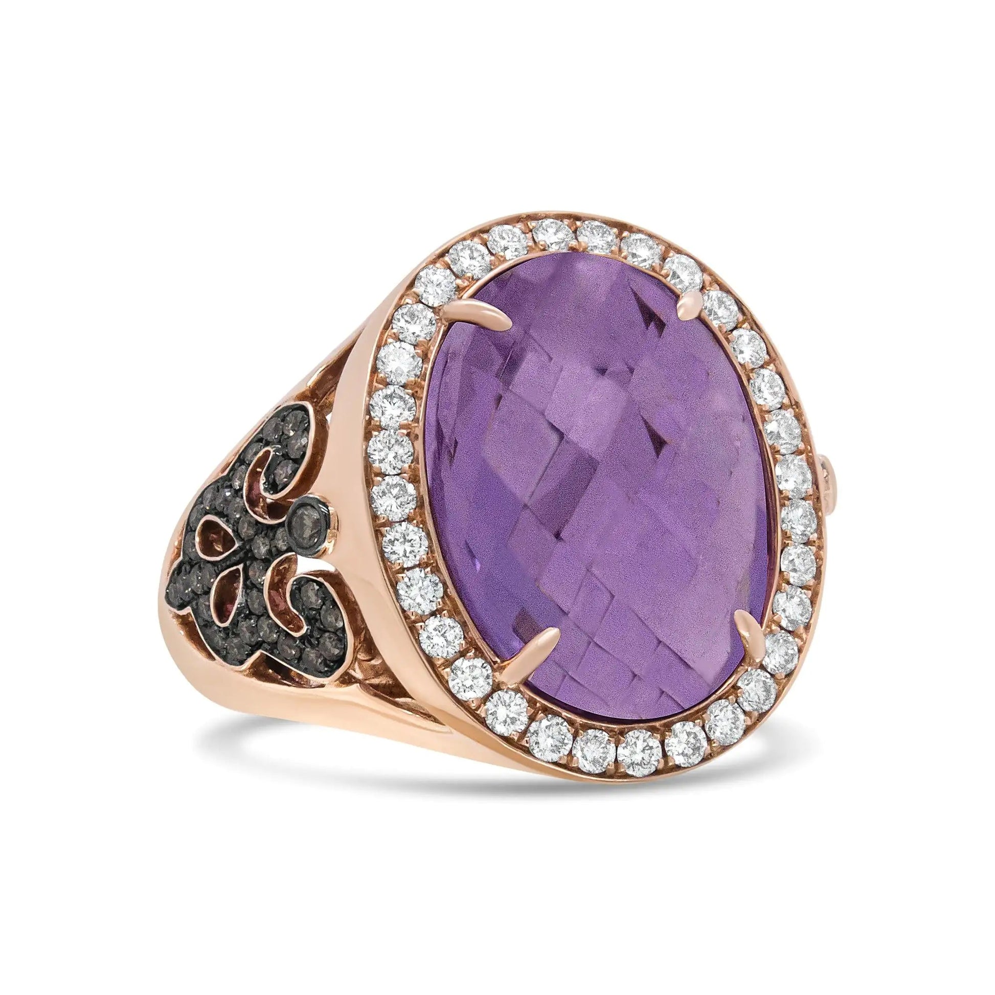 18K Rose Gold 18x13 MM Oval Cut Purplse Amethyst and 1.00 Cttw Diamond Cocktail Ring (Champagne and F-G Color, VS1-VS2 Clarity) WEM Support (www.WEM.support)