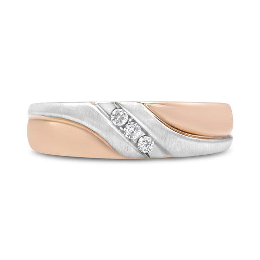 10K White and Rose Gold 1/10 Cttw 3-Stone Tension Slant Band Matte Finish Ring for Men (I-J Color, I2-I3 Clarity) WEM Support (www.WEM.support)