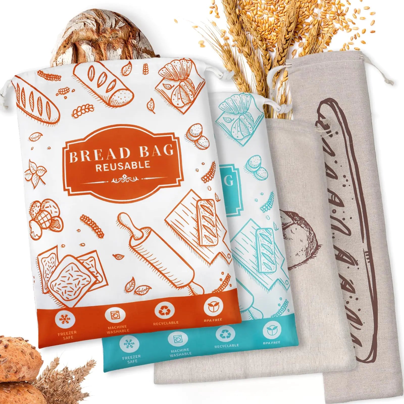 4-Piece Artisan Bread Storage Bags with Eco-Friendly TPU Lining HejK.com Marketplace LLC