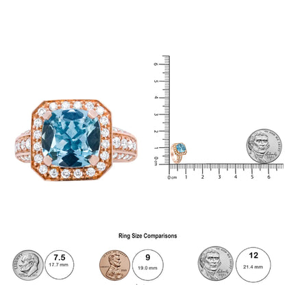 18K Rose Gold 10x10mm Cushion Shaped Aquamarine and 1 1/8 Cttw Round Diamond Halo Ring (F-G Color, VS1-VS2 Clarity) WEM Support (www.WEM.support)