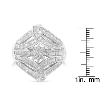 .925 Sterling Silver 1-1/8 Cttw Round & Baguette Diamond 'Flower & Fern' Cluster Cocktail Fashion Ring (I-J Color, I2-I3 Clarity) WEM Support (www.WEM.support)