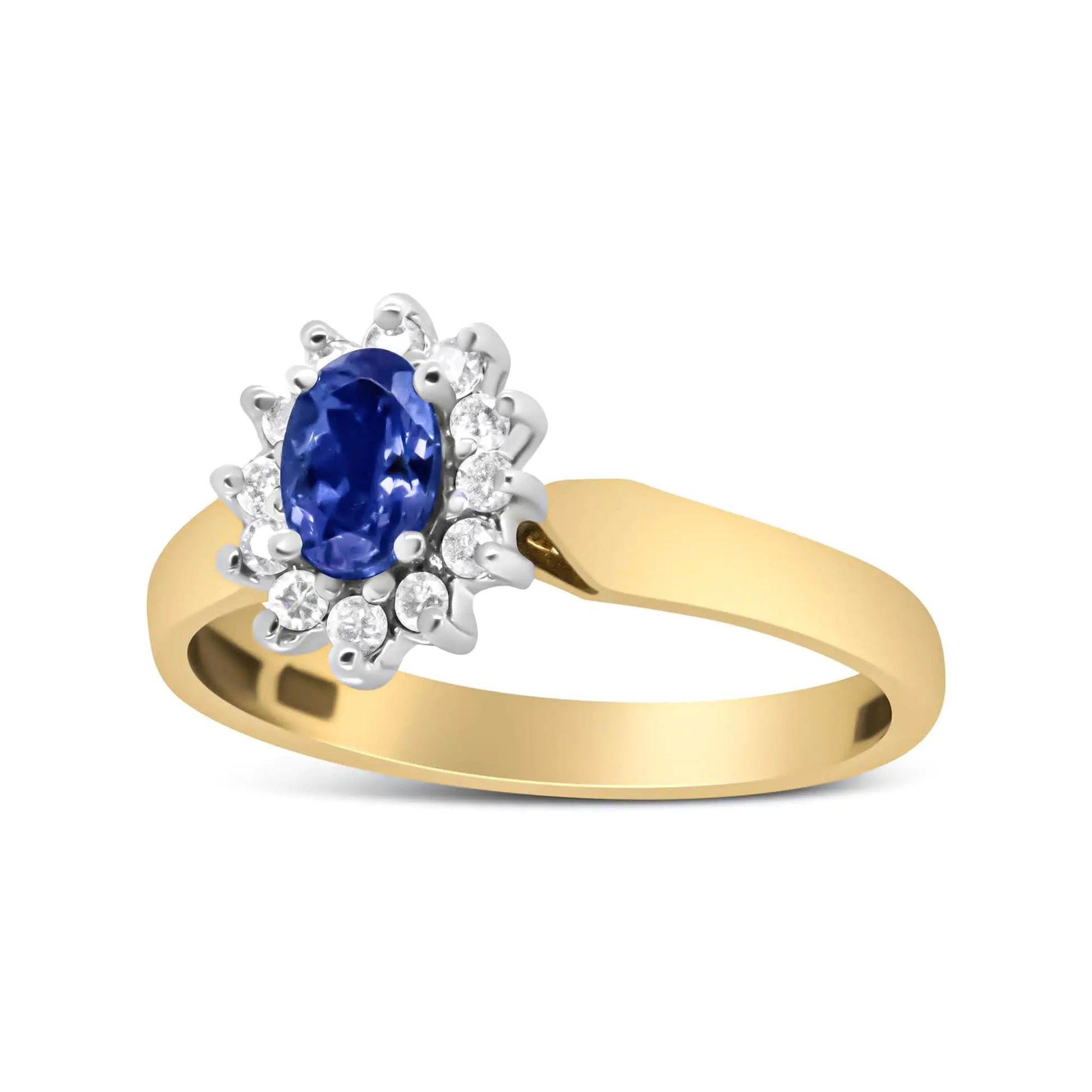 14K Yellow Gold 1/5 Cttw Round Diamond and 6x4mm Oval Blue Tanzanite Halo Ring (H-I Color, I1-I2 Clarity) WEM Support (www.WEM.support)