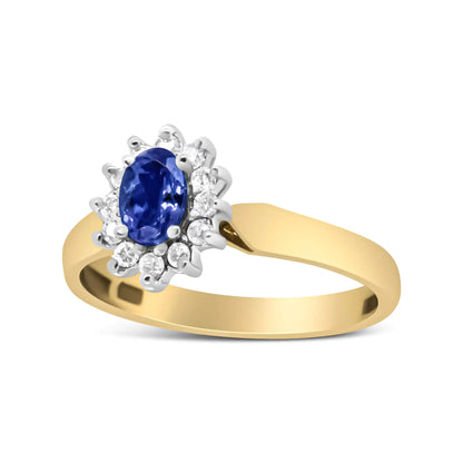 14K Yellow Gold 1/5 Cttw Round Diamond and 6x4mm Oval Blue Tanzanite Halo Ring (H-I Color, I1-I2 Clarity) WEM Support (www.WEM.support)