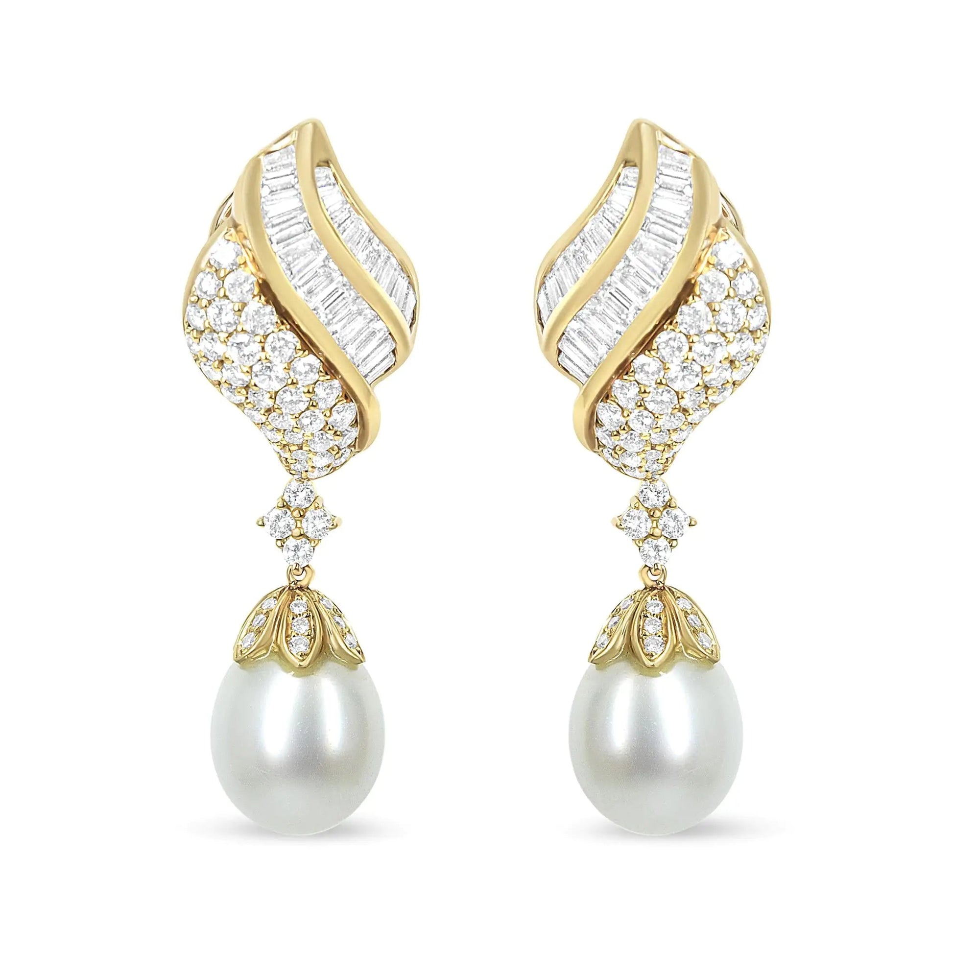 18k Yellow Gold 7.0 Cttw Baguette and Round Diamond South Sea Pearl Drop Dangle Clip-On Earrings (F-G Color, VS1-VS2 Clarity) WEM Support (www.WEM.support)
