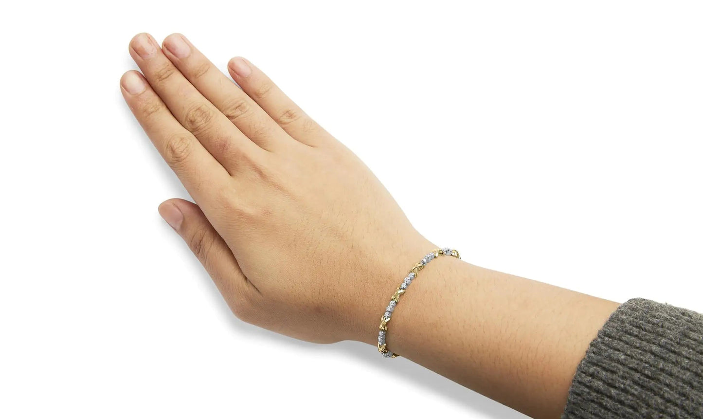 10K Two-Tone Gold 1/2 Cttw Diamond Alternating 3 Stone and X-Link 7" Bracelet (I-J Color, I2-I3 Clarity) WEM Support (www.WEM.support)