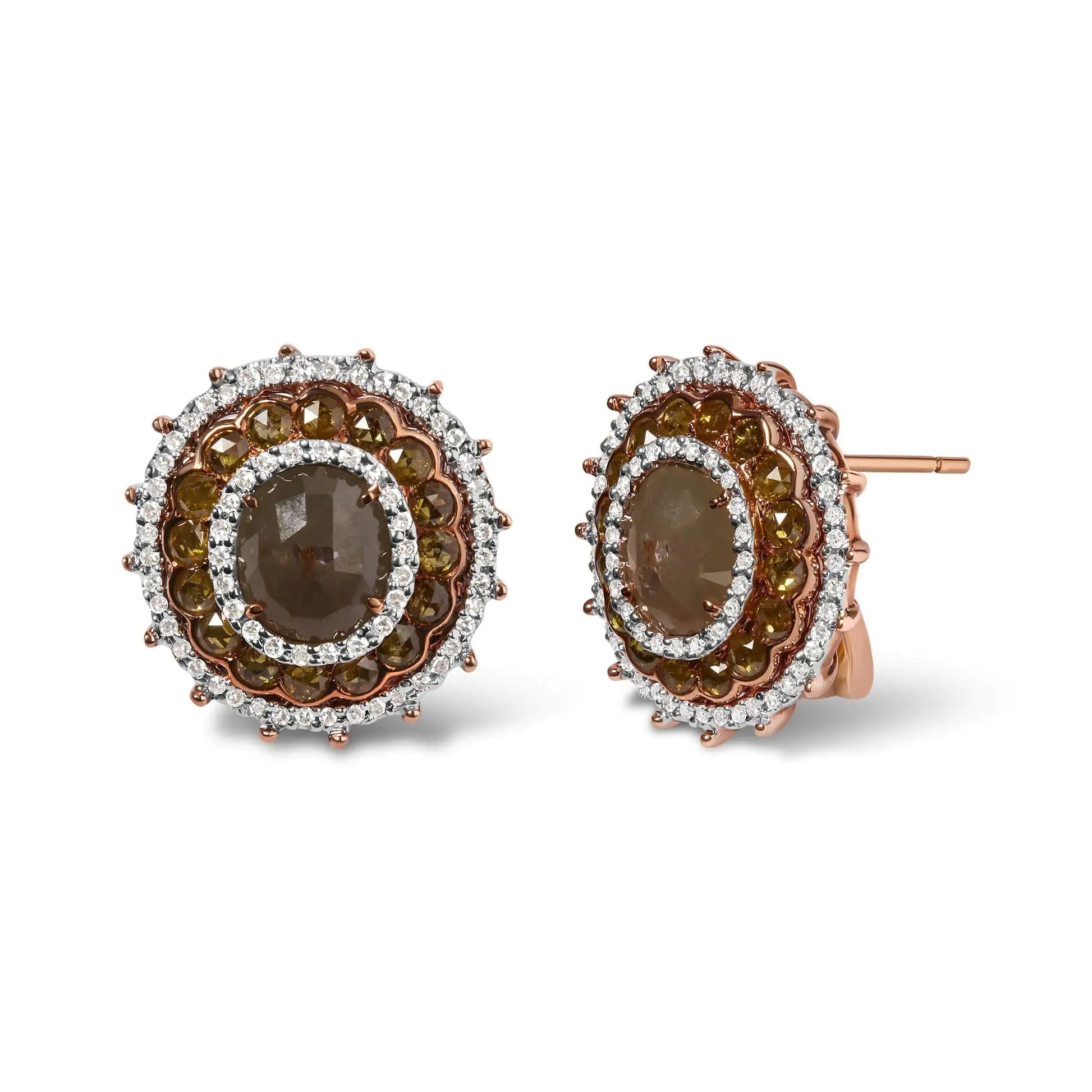 14K Rose Gold 3 1/2 Cttw Fancy Rose Cut Diamond Circle Shaped Triple Halo Stud Earring (Fancy Color, I2-I3 clarity) WEM Support (www.WEM.support)