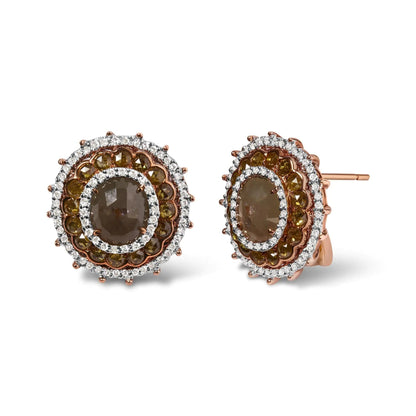 14K Rose Gold 3 1/2 Cttw Fancy Rose Cut Diamond Circle Shaped Triple Halo Stud Earring (Fancy Color, I2-I3 clarity) WEM Support (www.WEM.support)
