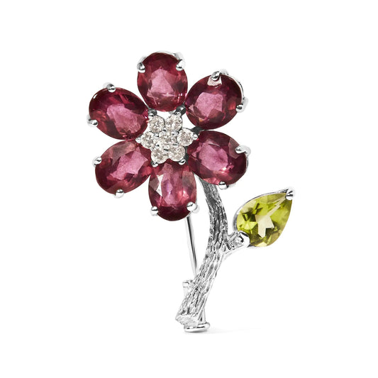 18K White Gold 1/3 Cttw Diamond, Pink Tourmaline, and Green Peridot Flower and Leaf Tulip Brooch Pin (H-I Color, VS2-SI1) WEM Support (www.WEM.support)