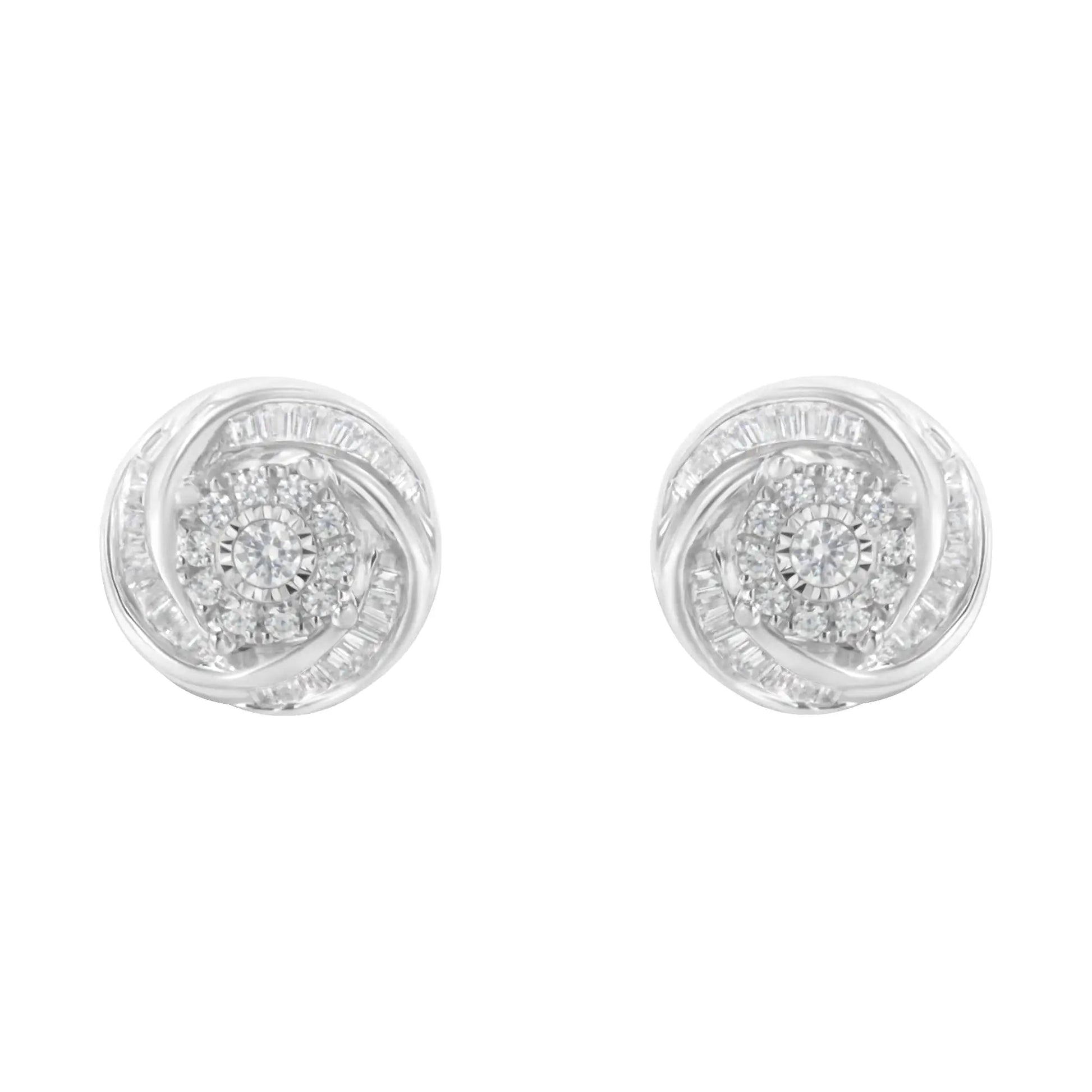 .925 Sterling Silver 3/4 Cttw Round and Baguette-Cut Diamond Love Knot Stud Earring (I-J Color, I2-I3 Clarity) WEM Support (www.WEM.support)