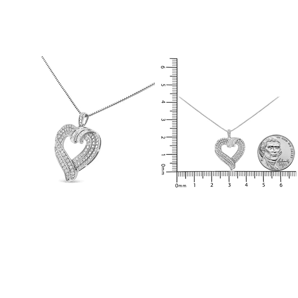 .925 Sterling Silver 1.00 Cttw Baguette Diamond Composite Open Heart 18" Inch Pendant Necklace (I-J Color, I1-I2 Clarity) WEM Support (www.WEM.support)