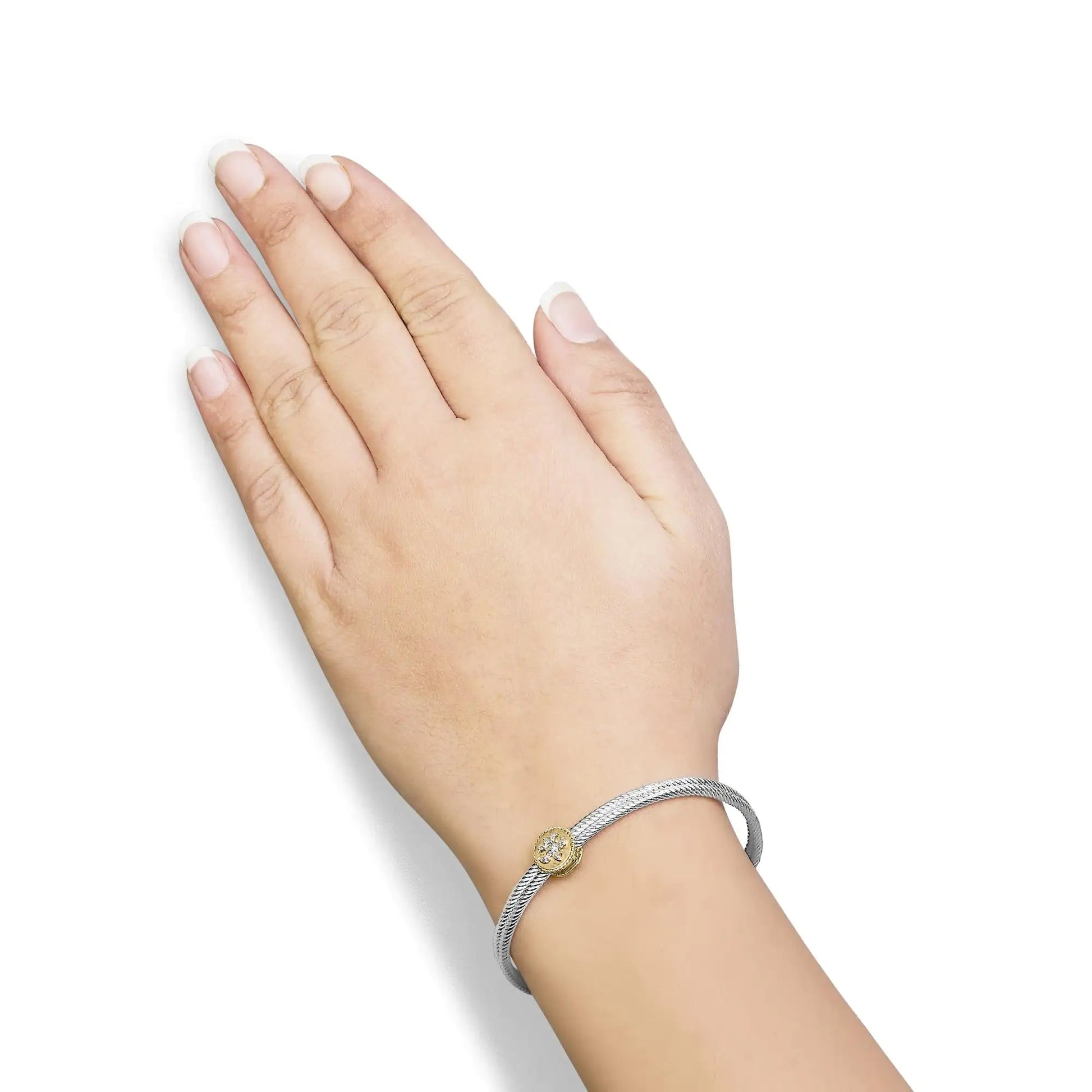 18K Yellow Gold Plated .925 Sterling Silver Diamond Accent  and Fleur Di Lis Medallion Bangle Bracelet (I-J Color, SI1-SI2 Clarity) - 7.25 Inches WEM Support (www.WEM.support)