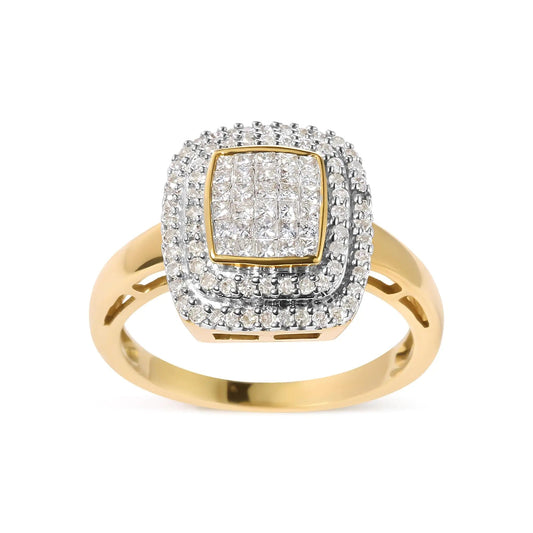 10K Yellow Gold 1/2 cttw Round and Princess Diamond Composite Head and Halo Ring (H-I Color, SI1-SI2 Clarity) WEM Support (www.WEM.support)