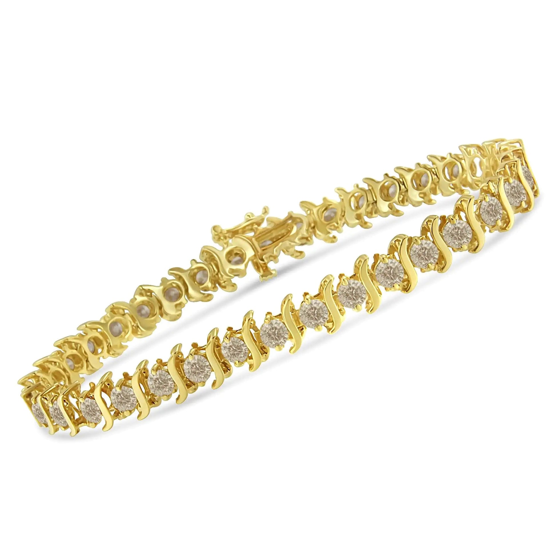 10K Yellow Gold Plated .925 Sterling Silver 7.0 cttw 2-Prong Set Round Brilliant Cut Diamond "S" Link Bracelet (J-K color, I1-I2 clarity) - 7" WEM Support (www.WEM.support)