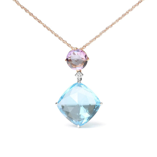18K White and Rose Gold Round Diamond Accent and Round Rose De France Pink Amethyst and Cushion Cut Sky Blue Topaz Dangle Drop 18" Pendant Necklace (G-H Color, SI1-SI2 Clarity) WEM Support (www.WEM.support)