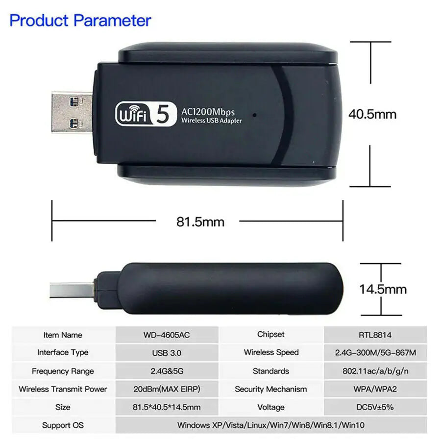 1200Mbps Long Range AC1200 Dual Band 5GHz Wireless USB 3.0 WiFi Adapter Antennas WEM Support (www.WEM.support)