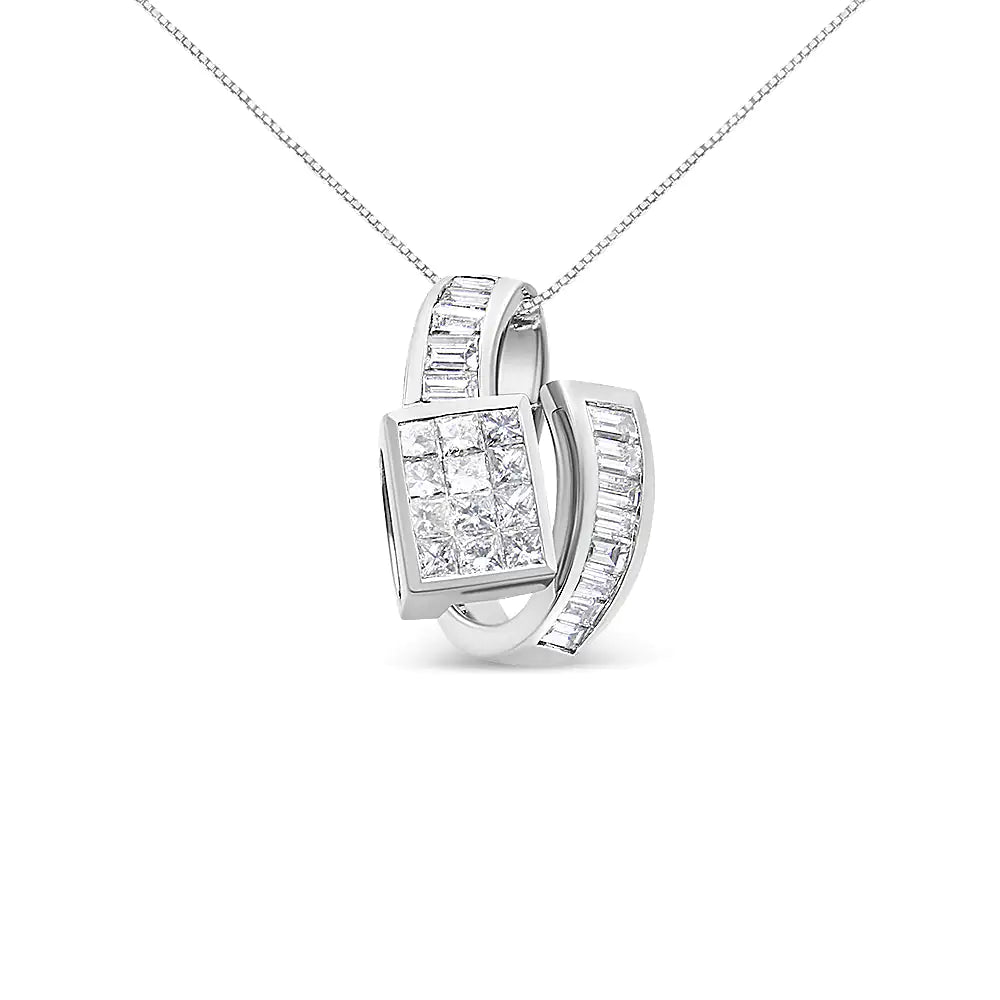 14K White Gold 2 cttw Princess and Baguette Cut Diamond Double Loop Pendant Necklace (G-H, VS1-VS2) WEM Support (www.WEM.support)