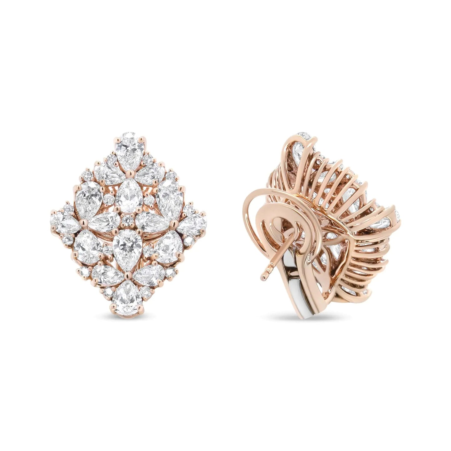 18K Rose Gold 8 1/3 Cttw Pear and Round Diamond Floral Cluster Omega Earrings (F-G Color, VS1-VS2 Clarity) WEM Support (www.WEM.support)