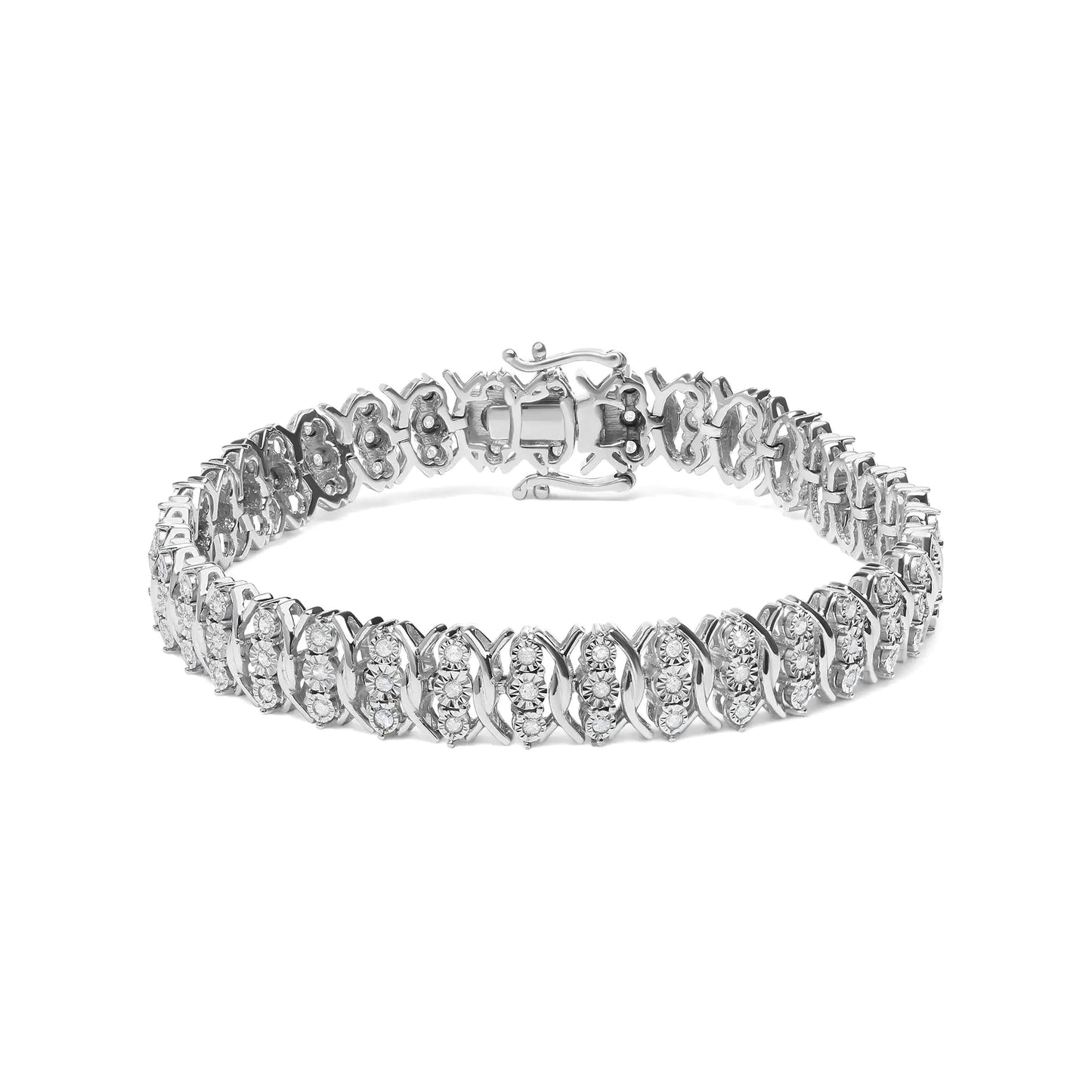 .925 Sterling Silber 1,0 Karat Wunder-Set Diamant 3-Reihen Wellen-Link Armband (I-J Farbe, I2-I3 Reinheit) - 18,42 cm WEM Support (www.WEM.support)