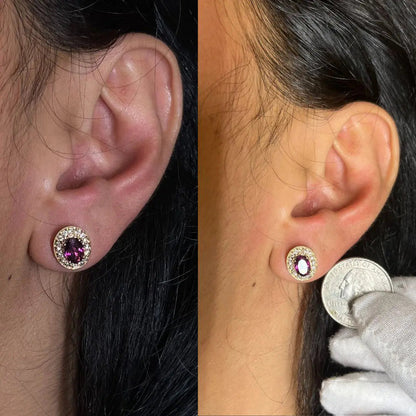 14K Rose Gold 7x5mm Oval Cut Garnet and 3/8 Cttw Round Diamond Halo Stud Earrings (G-H Color, SI1-SI2 Clarity) WEM Support (www.WEM.support)