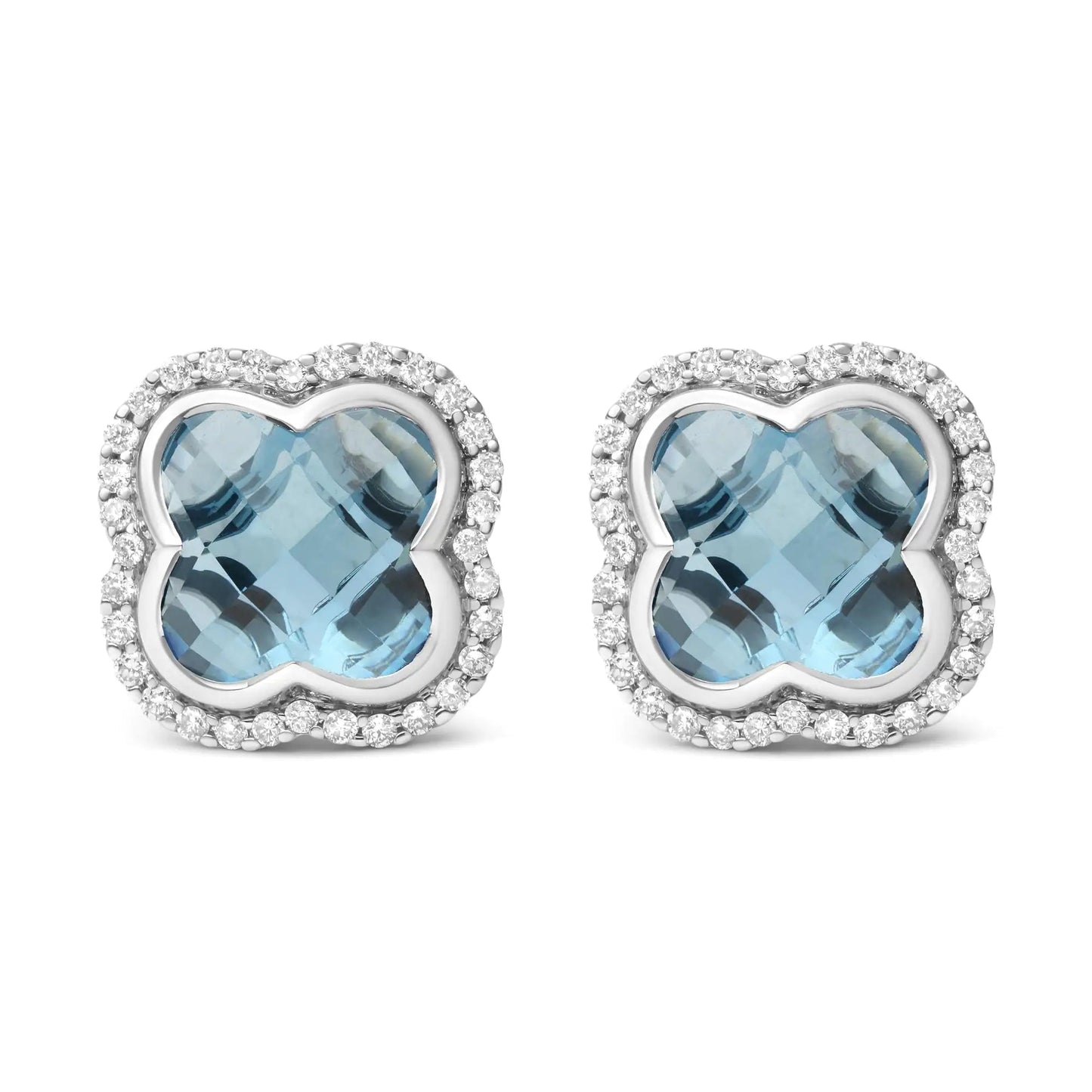 18K White Gold 3/8 Cttw Diamond and 11x11mm Clover-Cut London Blue Topaz Gemstone Halo Clover Stud Earrings (G-H Color, SI1-SI2 Clarity) WEM Support (www.WEM.support)