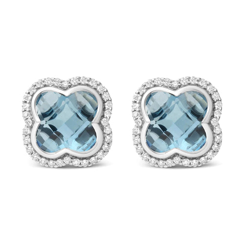 18K White Gold 3/8 Cttw Diamond and 11x11mm Clover-Cut London Blue Topaz Gemstone Halo Clover Stud Earrings (G-H Color, SI1-SI2 Clarity) WEM Support (www.WEM.support)