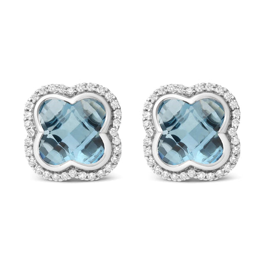 18K White Gold 3/8 Cttw Diamond and 11x11mm Clover-Cut London Blue Topaz Gemstone Halo Clover Stud Earrings (G-H Color, SI1-SI2 Clarity) WEM Support (www.WEM.support)