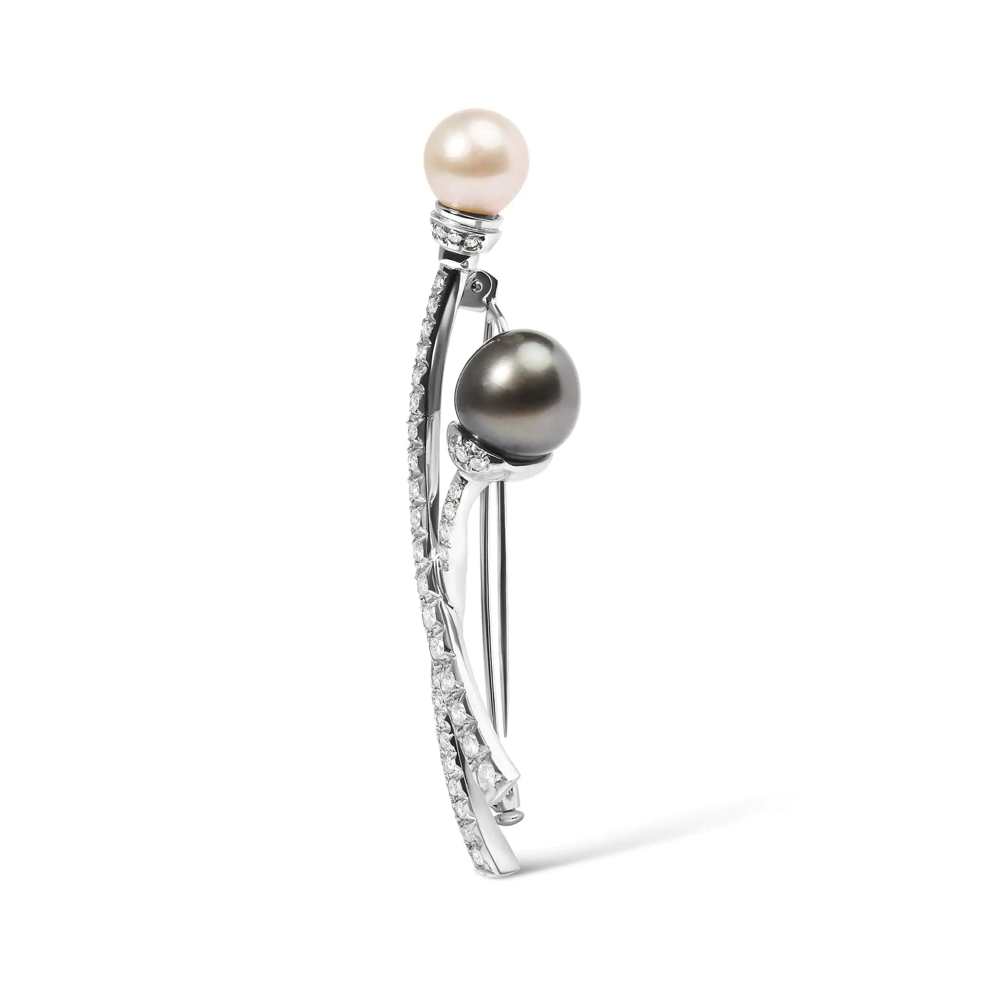 18K White Gold 3/5 Cttw Diamond and Cultured South Sea Black and White Pearl Brooch Pin (H-I Color, VS1-VS2 Clarity) WEM Support (www.WEM.support)