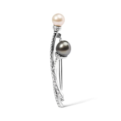 18K White Gold 3/5 Cttw Diamond and Cultured South Sea Black and White Pearl Brooch Pin (H-I Color, VS1-VS2 Clarity) WEM Support (www.WEM.support)