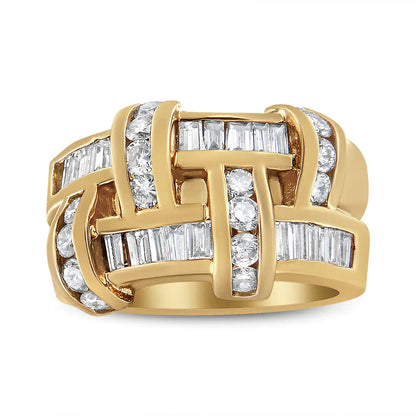14K Yellow Gold 1 5/8 Cttw Round and Baguette Diamond Lattice Grid Design Ring Band (H-I Color, VS2-SI1 Clarity) - Ring Size 6 WEM Support (www.WEM.support)