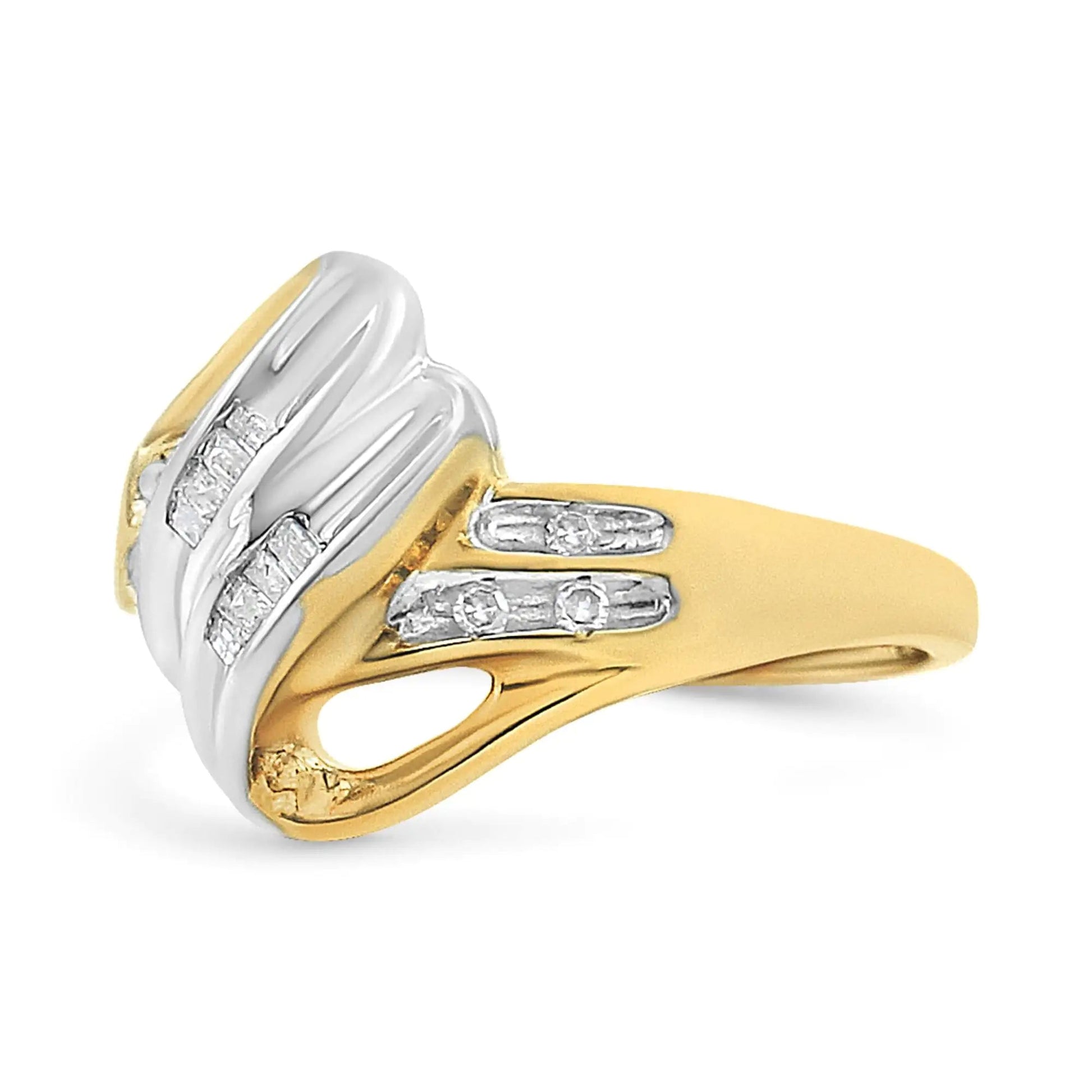 10K Yellow and White Gold 1/10 Cttw Baguette and Round-Cut Diamond Bypass Ring (I2 Color, H-I Clarity) WEM Support (www.WEM.support)