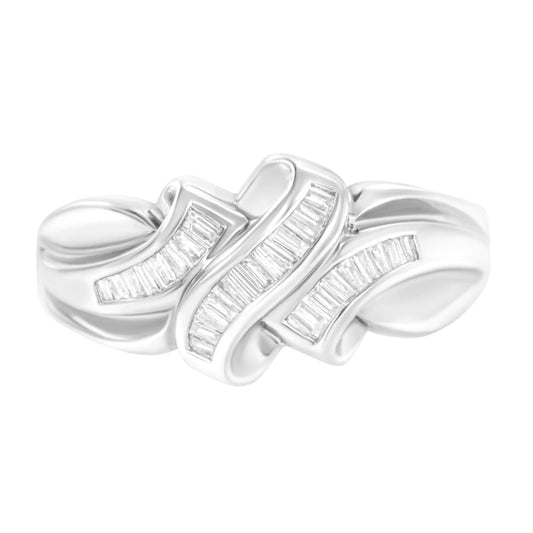 14K White Gold 1/3 Cttw Channel Set Baguette Diamond Bypass Ring Band (H-I Color, SI1-SI2 Clarity) WEM Support (www.WEM.support)