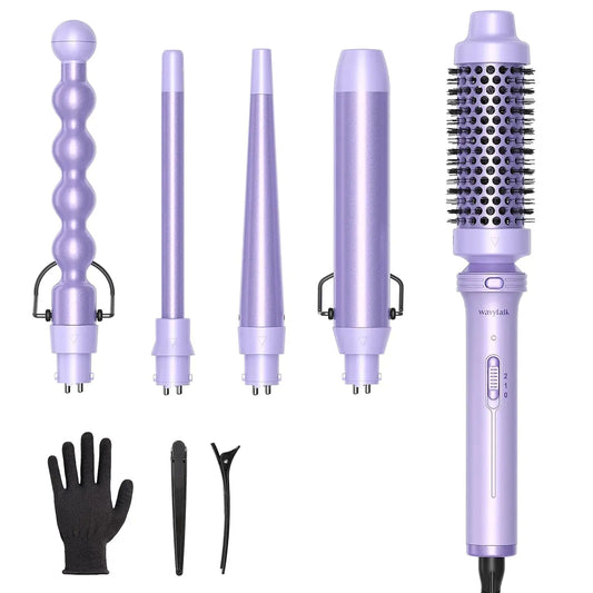 Wavytalk 5 in 1 Curling Iron,Curling Wand Set with Curling Brush and 4 Interchangeable Ceramic Curling Wand(0.5”-1.25”),Instant Heat Up,Include Heat Protective Glove & 2 Clips (Purple) Curling Wand （0.5"-1.25" ） Purple Lavender My Store