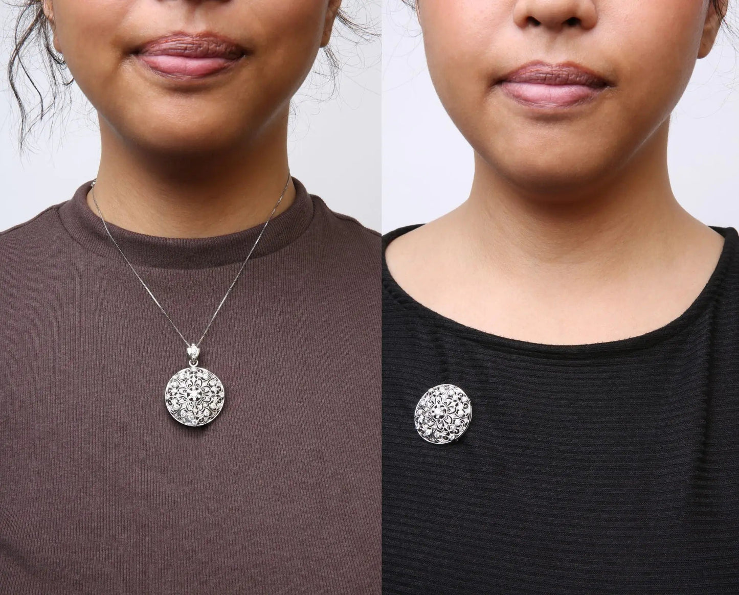 18K White Gold 1 5/6 Cttw Diamond Cluster Floral Filigree Brooch Pin and 18" Pendant Necklace (G-H Color, I1-I2 Clarity) WEM Support (www.WEM.support)