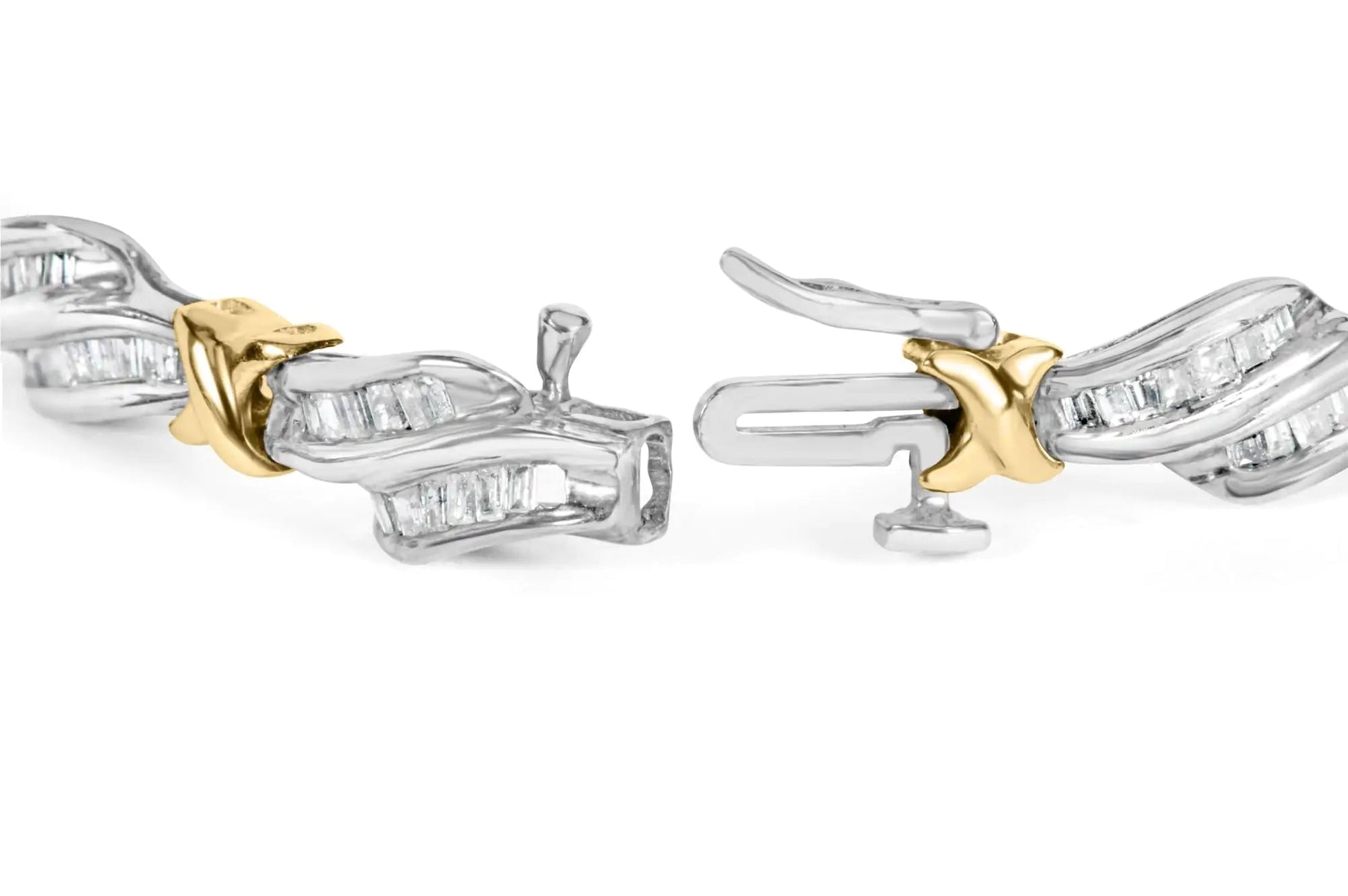 10k Two-Toned Gold 2.00 Cttw Channel Set Baguette-Diamond Weave and  "X" Spiral Link Bracelet (H-I Color, I1-I2 Clarity) - 7" WEM Support (www.WEM.support)