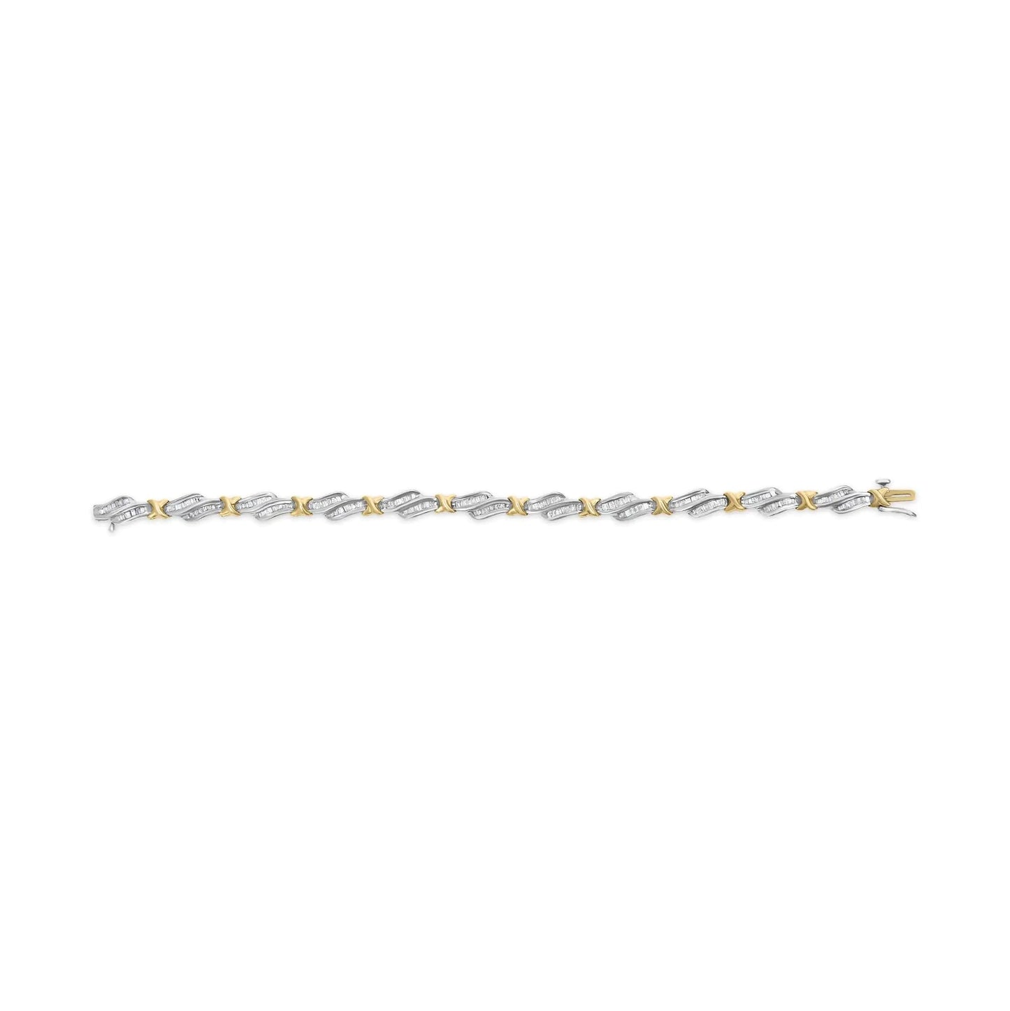 10k Two-Toned Gold 2.00 Cttw Channel Set Baguette-Diamond Weave and  "X" Spiral Link Bracelet (H-I Color, I1-I2 Clarity) - 7" WEM Support (www.WEM.support)