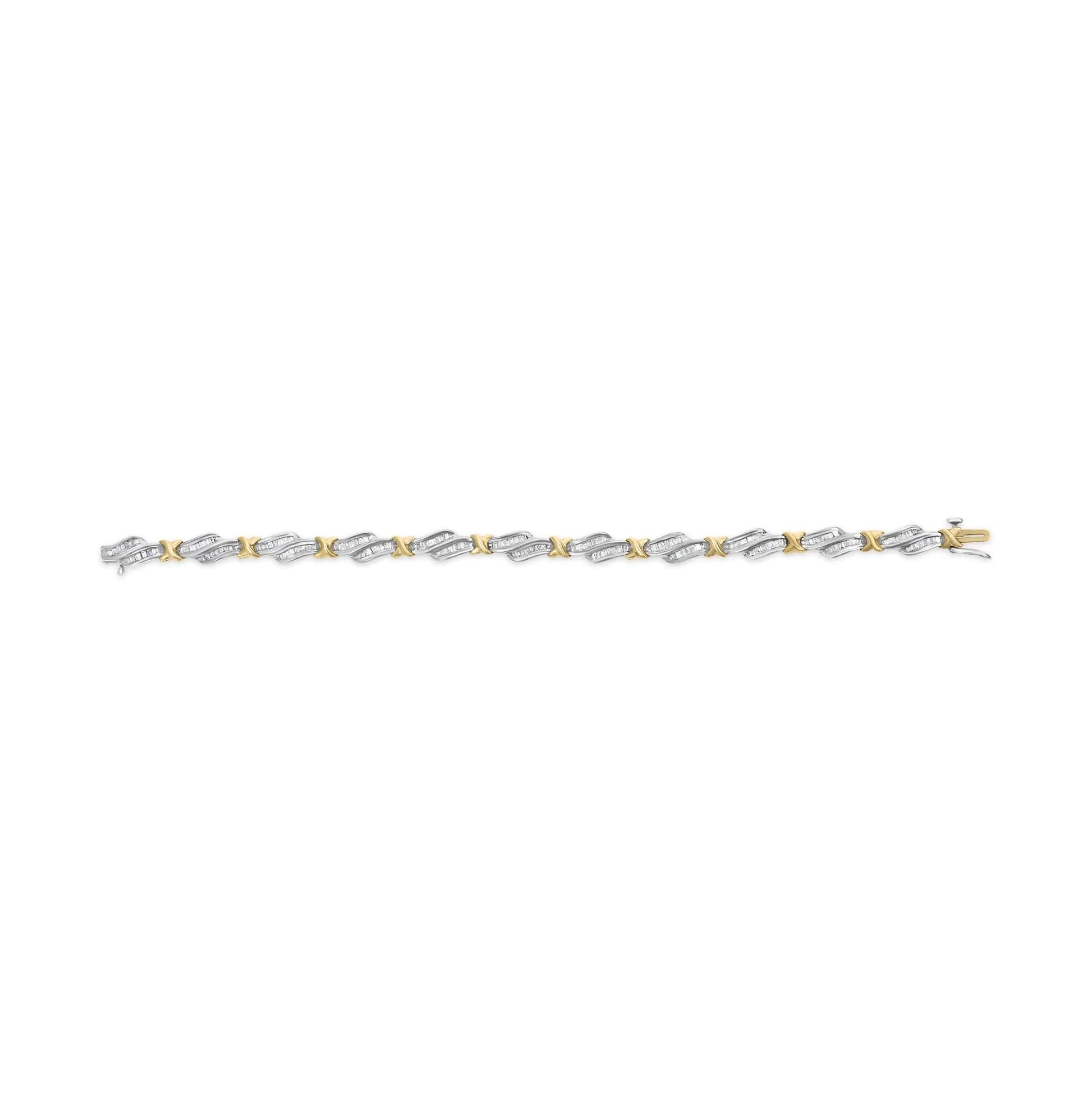 10k Two-Toned Gold 2.00 Cttw Channel Set Baguette-Diamond Weave and  "X" Spiral Link Bracelet (H-I Color, I1-I2 Clarity) - 7" WEM Support (www.WEM.support)