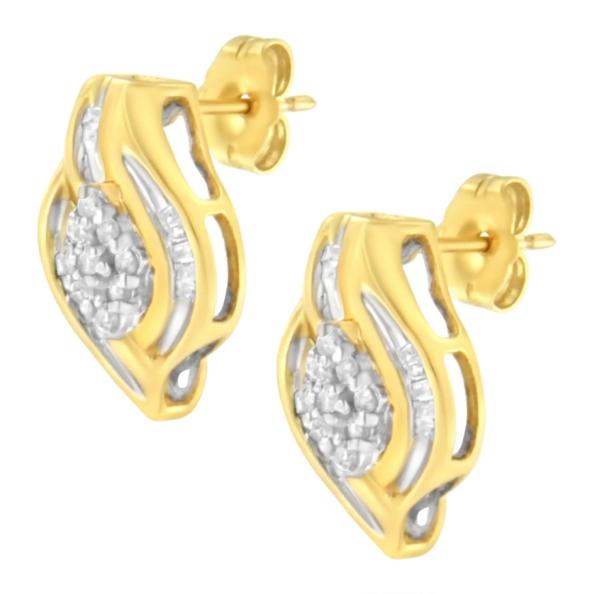 10K Yellow Gold 1/3 cttw Round-Cut Diamond Cluster and Swirl Stud Earrings (J-K Clarity, I2-I3 Color) WEM Support (www.WEM.support)