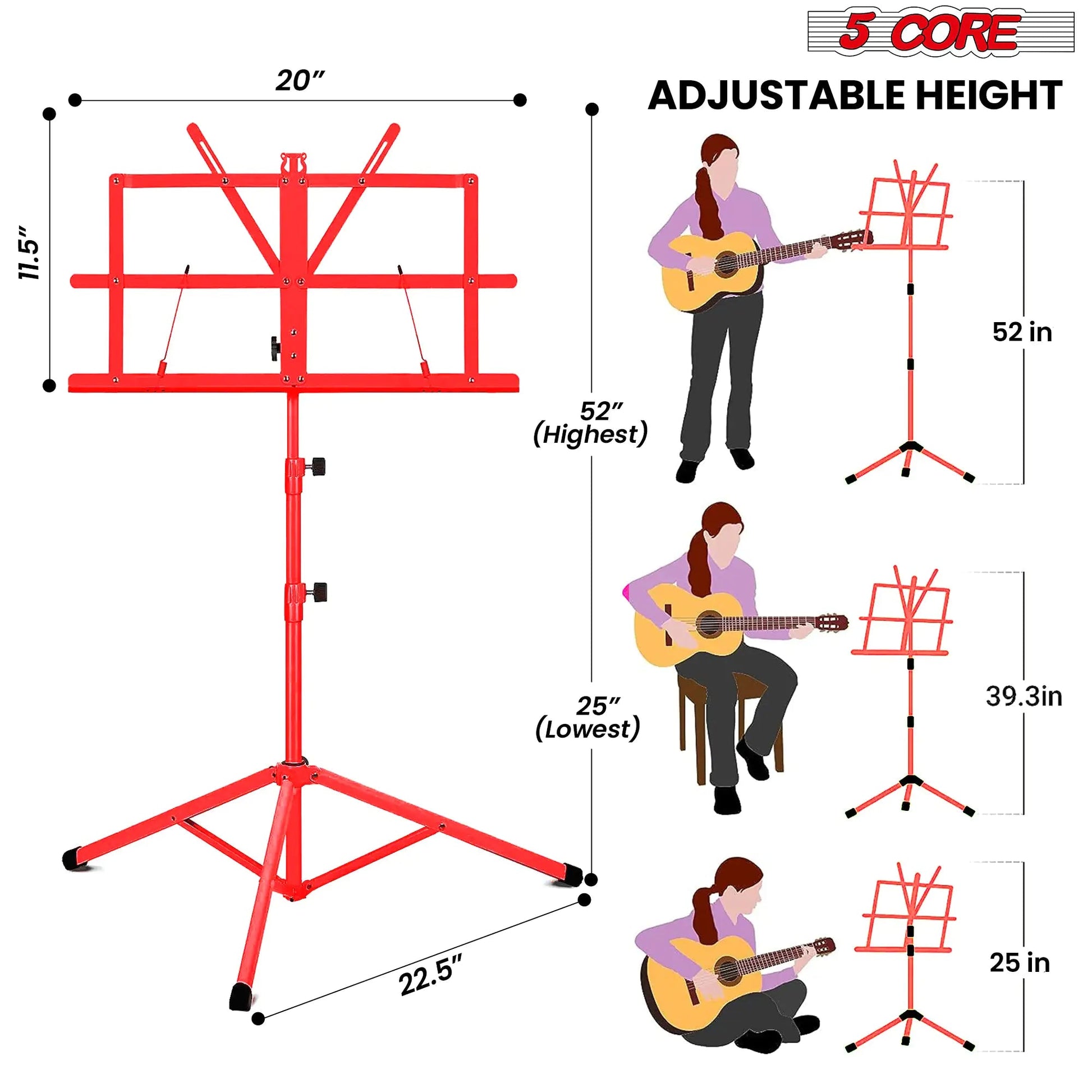 Suporte para Música 5Core para Partituras, Portátil, Tripé Ajustável e Dobrável com Porta-notas VERMELHO WEM Support (www.WEM.support)