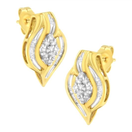 10K Yellow Gold 1/3 cttw Round-Cut Diamond Cluster and Swirl Stud Earrings (J-K Clarity, I2-I3 Color) WEM Support (www.WEM.support)