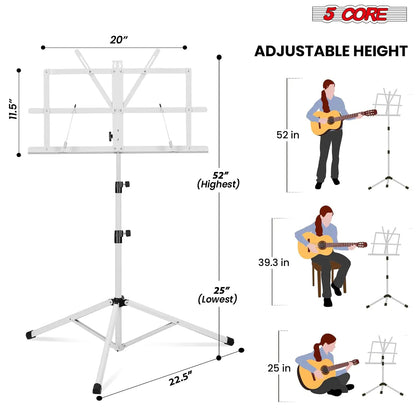 Suporte de Música 5Core para Partituras Portátil Tripé Ajustável Dobrável Porta-Notas BRANCO WEM Support (www.WEM.support)